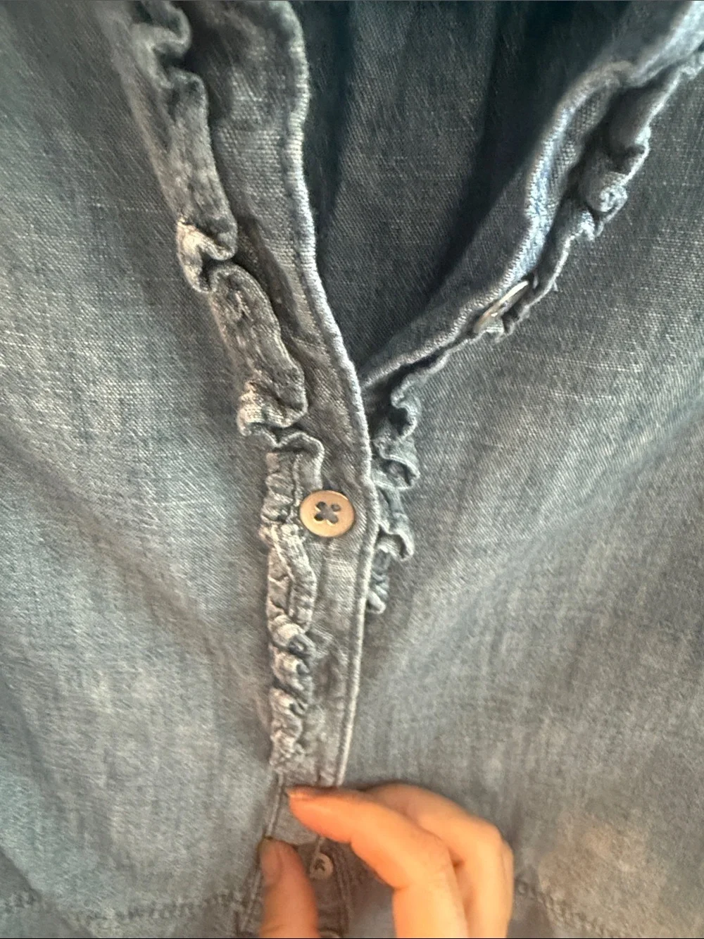 GAP Light Blue Denim Ruffle Button-Up Top